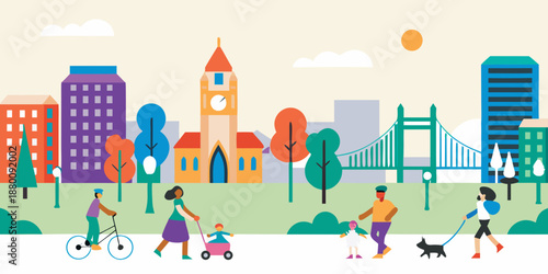 A vibrant city scene with people walking cycling and strolling with pets