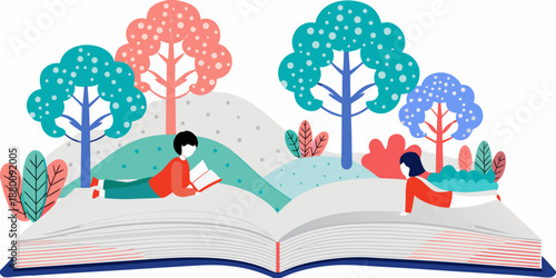 A serene illustration of people reading within an open book s landscape