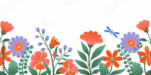 A delicate floral border featuring colorful blooms and a vibrant dragonfly