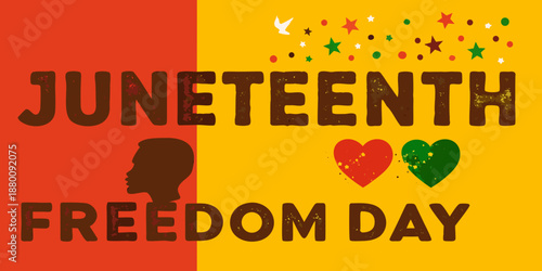 Juneteenth freedom day illustration with silhouette hearts and colorful star elements