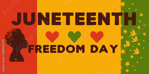 Juneteenth celebration with silhouette hearts birds and vibrant color blocks