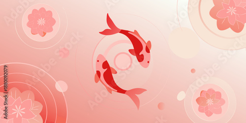 Elegant red koi fish swim among delicate pink cherry blossom designs