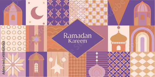 A colorful ramadan kareem design with islamic architectural motifs and a crescent moon