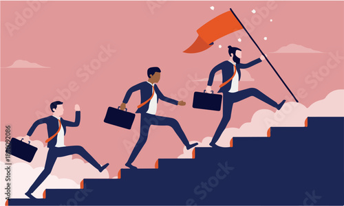 Business people running - Group of people in career race going fast up stairs to success while holding flag in hand. Competition and achievement concept vector illustration