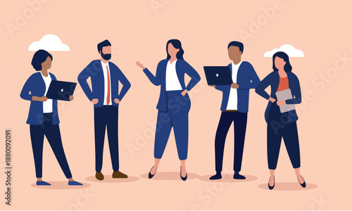 Businesspeople team talking - Group and team of five white collar people using computers talking and doing business together at work. Flat design vector illustration