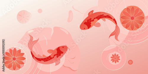 A beautiful illustration of red koi fish swimming amongst pink floral elements