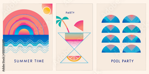 Colorful summer themed illustrations featuring rainbows palm trees and cocktail glasses