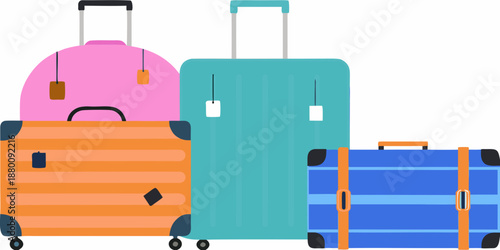 Colorful stacked suitcases and travel bag illustration ready for a journey