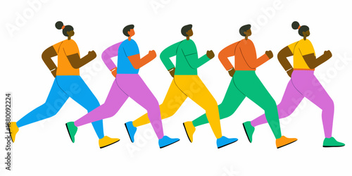 Diverse group of people running together in a colorful illustrated style