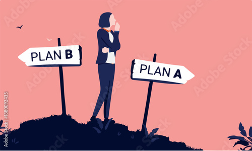 Businesswoman planning - Trying to choose plan A or plan B. Business choosing and decision concept. Vector illustration