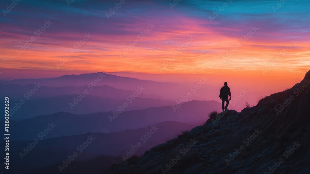 Fototapeta premium Hiker on mountain ridge at sunset