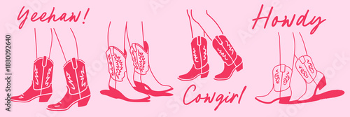 Hand drawn cowgirl boots doodle on pink background with western fashion attitude and playful feminine vibe