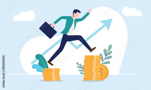 Business and career growth - Casual business man jumping on stack of money with rising arrow in background. Success concept, vector illustration