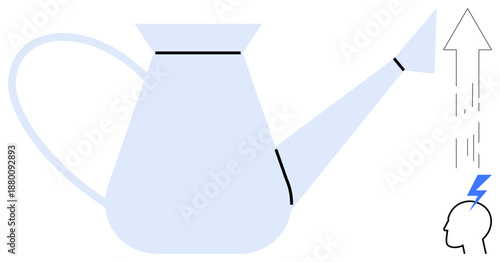 Education, creativity, innovation, brainstorming, personal growth, intellectual development. Minimal graphic of a watering can pouring on a head and arrow. Education and creativity