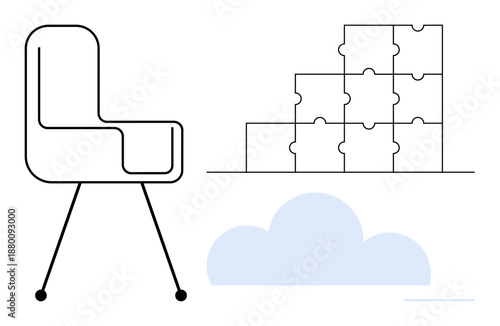Collaboration concept. Collaboration ed by puzzle pieces, cloud online integration, and office chair for productivity. Collaboration in teamwork, tech, innovation, remote work, design