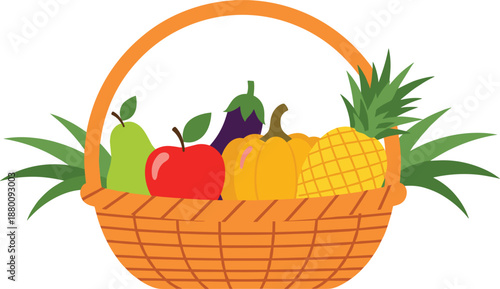 Fruit and vegetable basket, healthy food illustration, pear, apple, eggplant, pumpkin, pineapple, squash, wicker basket, leafy decor, nutrition concept, grocery theme, colorful sketch, organic