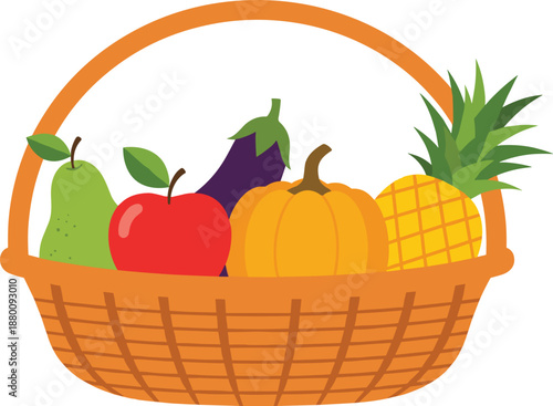 Fruit and vegetable basket, healthy food illustration, pear, apple, eggplant, pumpkin, pineapple, melon, wicker basket, nutrition concept, grocery theme, colorful sketch, organic farming, autumn