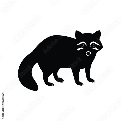 Common raccoon silhouette on white background, nocturnal mammal profile for forest wildlife, nature parks, and animal mascot designs.