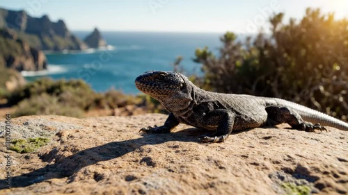 Coastal view of a Cape Girdled Lizard basking in the sunlight on a rocky outcrop with the ocean in the background