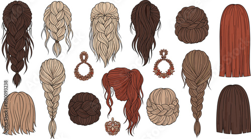Hairstyle collection, fashion hair design, braids, buns, ponytails, loose hair, floral accessories, beauty sketch, hair texture, stylish look, hair inspiration, salon reference, blonde, brunette,