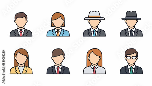 Diverse group of professional individuals depicted in various roles and attire from a front viewpoint