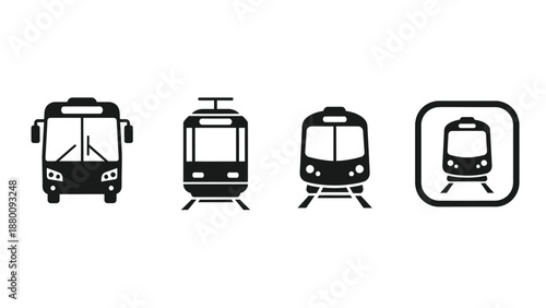Black and white icons of various types of public transportation vehicles