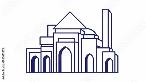 Illustration of a building with multiple arches and towers from a front viewpoint