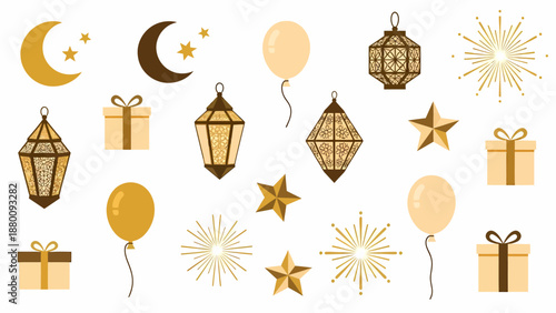 Collection of golden Islamic celebration elements including lanterns, balloons, and stars arranged in a festive pattern