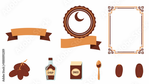 A collection of coffee-related illustrations including beans, bottle, and decorative frames
