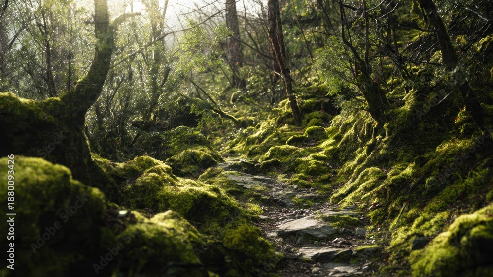 Fototapeta premium Lush Mossy Forest Trail Landscape