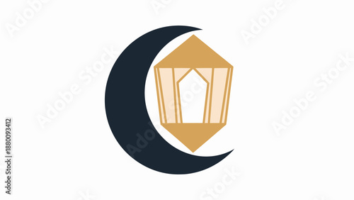 A golden lantern sitting on a crescent moon symbolizing peace and spirituality in a serene nighttime scene