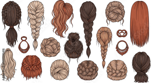 Hairstyle collection, fashion hair design, braids, buns, ponytails, waves, hair accessories, beauty illustration, hair texture, tr