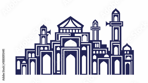 Ancient Temple Complex Illustrated in Dark Blue Line Art on a Plain Background