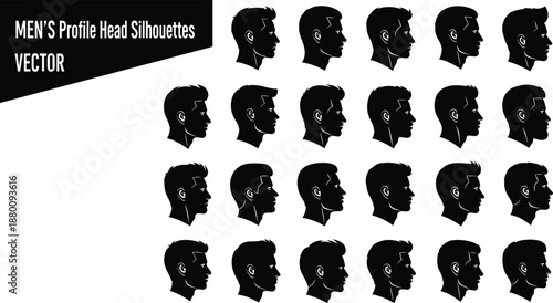 Men's profile head silhouettes, male hairstyle vector, black haircut icons, diverse man head shapes, avatar design elements, illustration set