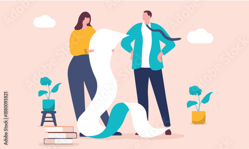 Reading business memo document at work - Businesswoman in office workplace looking carefully at much to long text statement contract. Flat design vector illustration