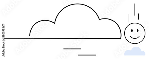 Cloud concept. Minimal design of a cloud with a happy happy face falling from above. Cloud s creativity and simplicity. Ideal for weather, happiness, or abstract uses. Broad use cases include