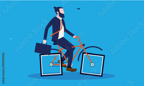 Slow business - Stupid businessman riding bike with rectangular wheels. Inefficient business and humor concept. Vector illustration.