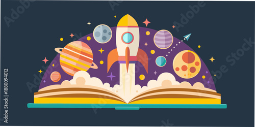 A rocket launching from an open book amidst planets and stars