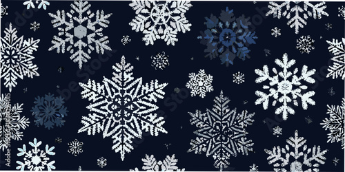A seamless pattern of intricate snowflakes against a dark blue background