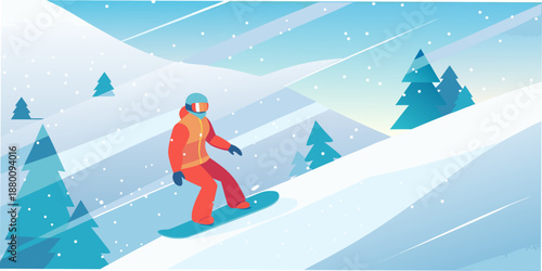 A lone snowboarder gracefully navigates a snowy mountain landscape