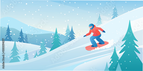 A snowboarder enjoying a winter day on a snowy mountain slope