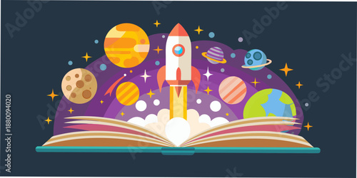 A rocket launching from an open book into a colorful space scene