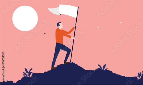 Surrender by raising white flag - Casual man on hilltop raising flag of peace and truce. Desire to parley concept. Vector illustration.