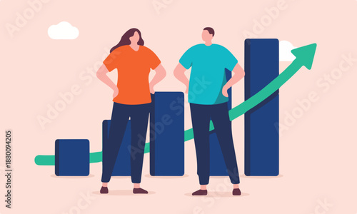 People analysing business data and charts - Vector illustration of man and woman looking at graphs and cake diagram