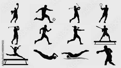 Black and white sports player silhouettes in action poses arranged in grid layout