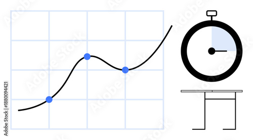Business growth, productivity tracking, time management, project planning, workflow analysis, performance measurement. Line graph with upward trend, stopwatch and desk. Business growth
