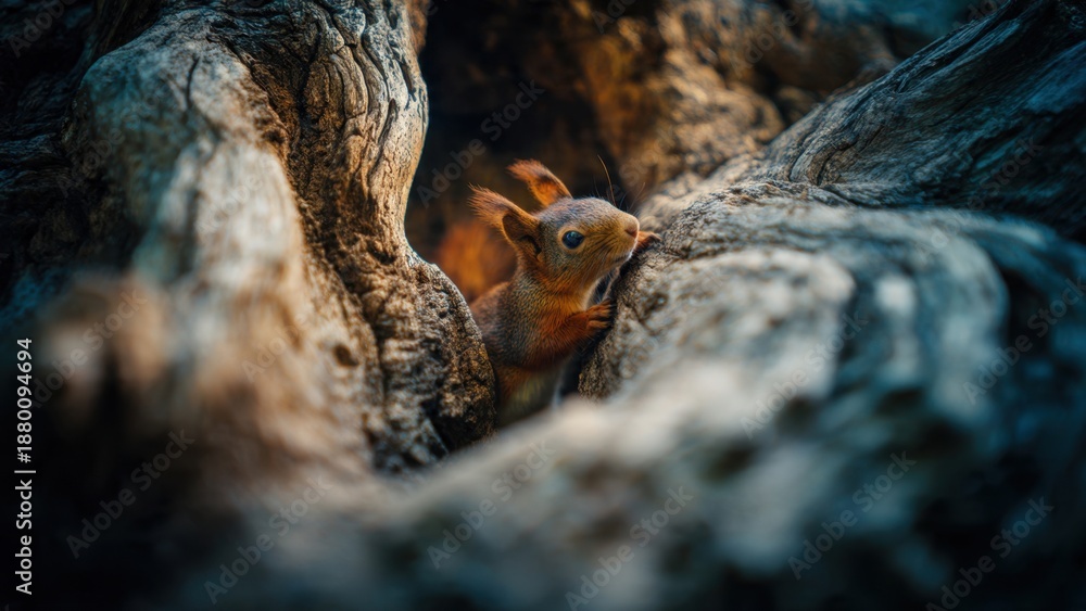 Obraz premium Squirrel Peek-a-Boo in Tree Hollow