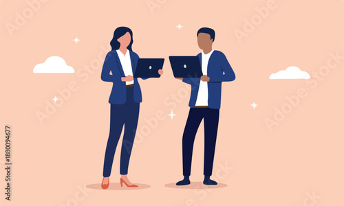 Great IT computer office workers - Man and woman standing with laptops in hand smiling together with small excellence stars around. Flat design vector illustration with beige background