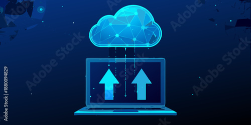 Digital cloud connection with a laptop displaying data upload arrows