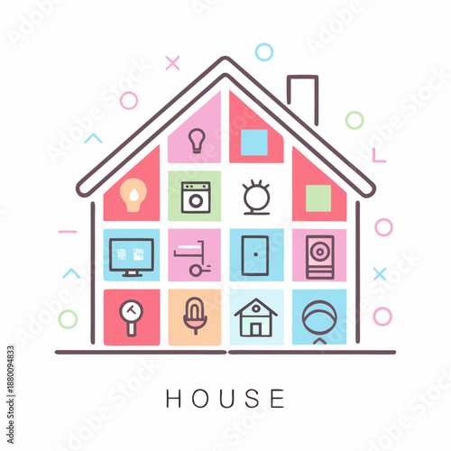 Colorful house illustration with various icons inside a geometric framework